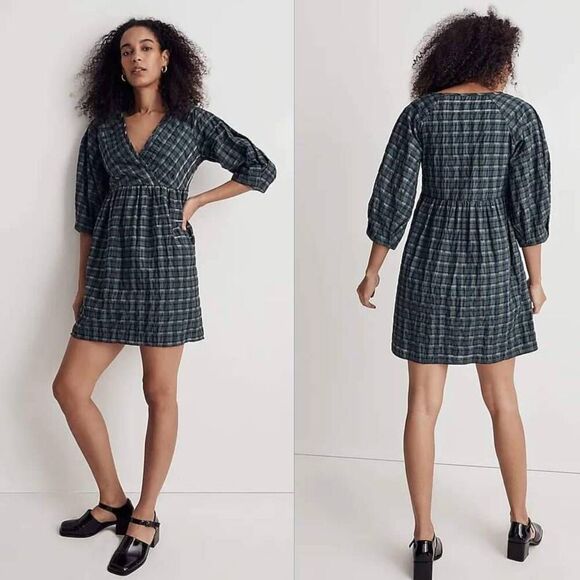 Madewell Marianna Puff-Sleeve Mini Dress in Plaid Womens Size Medium Green And B - Picture 1 of 7